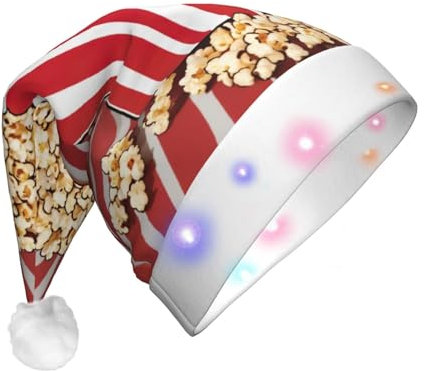 WenDang Sombreros de franela con estampado de palomitas de maíz para adultos, sombrero de Navidad unisex con luces LED, 3 modos