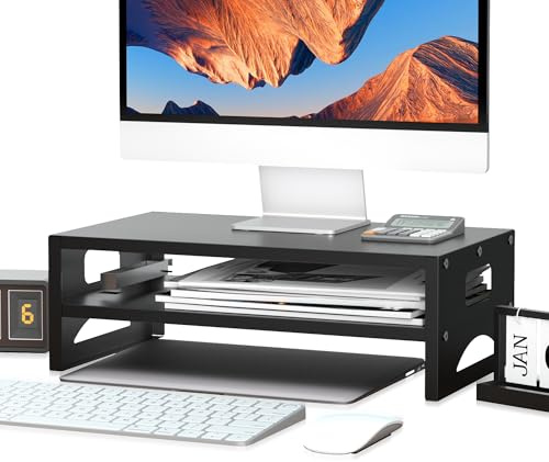 Pholiten Metal Monitor Stand Riser with Storage Shelf | 14cm Ergonomic Height, 30kg Heavy Duty | UK Home Office Desk Organiser w/ Cable Management | Black (MST032T)