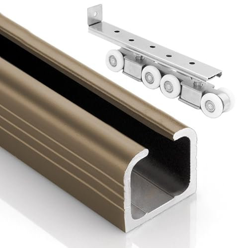 Sliding Door Kit Track Rail 100 96 72 60 48 36 30 26 24 Inch Wardrobe Sliding Door Track and Roller, Heavy Duty Aluminum Black Silver Champagne Gold Pocket Door Hardware Kit Ceiling/ Wall(Champagne,50