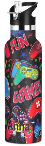 Botella de agua personalizada para niños, botella de agua de acero inoxidable personalizada para viajes o escuela, sin BPA, divertidos controladores de juegos coloridos