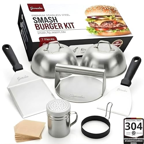 Smash Burger Profesional Kit Inox 304: Prensa Hamburguesas Smasher Antiadherente, Set de 2 Campanas, Espátulas y Bote para Especias, Ideal para Parrilla, Plancha o Sartén - Certificado UE