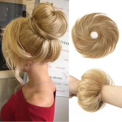 SPIKFN Echthaar Dutt Set 100% Menschliches Haar Natürliche Donut Hairpiece Hochsteckfrisur Unordentlich Haarschmuck für Damen （#27 Honey Blonde)
