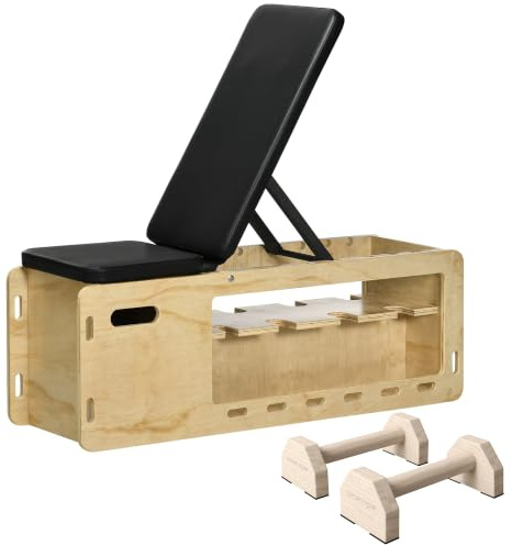 HOMCOM Hantelbank 2er-Set Liegestützgriffe mit Widerstandsbändern Natur | Trainingsbank, mit Aufbewahrungsbox, Liegestützen aus Holz, für Muskeltraining, Krafttraining
