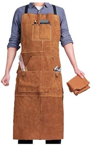 HUWOYG Leder-Werkstattschürze mit 6 Werkzeugtaschen, Werkzeugschürzen, strapazierfähige Schweißschürze for Männer und Frauen Für Die Arbeit