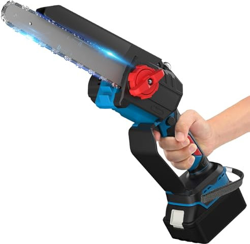 Powtree 8 Zoll Mini Akku Kettensäge mit Akku 3000mAh*2, Automatischer Öler, Mini Kettensäge akku mit Sicherheitsverriegelung und Starkem Motor Zum Holzschneiden und Baumbeschneiden