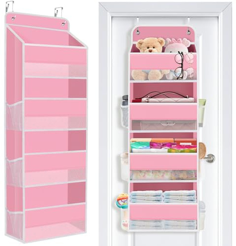 SpaceWhisper Over the Door Organizer, 4 Large Pocket Hanging Storage Organizer with 40lb Capacity, Space Saving for Nursery, Bathroom, Bedroom, Closet - Baby Essentials & Toiletry Organizer (Pink)