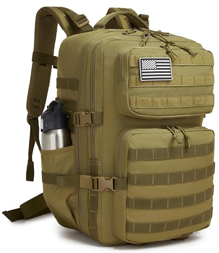 Wotony Militär taktisk ryggsäck för män, vattentät dagväska, 3 dagars överfallspaket Molle-väska med vattenflaskhållare (Khaki, 50 L)