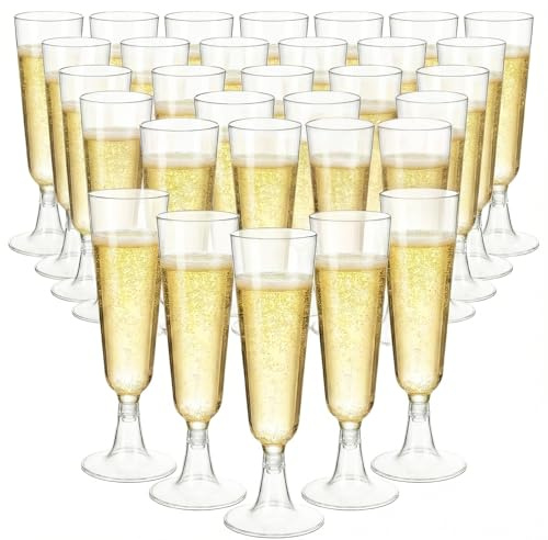 JinPhon 50 Flûtes à Champagne Plastique 160ml, Verres à Pied Transparents avec Base Amovible, Coupes de Champagne Réutilisables & Solides pour Mariage, Anniversaire, Soirée