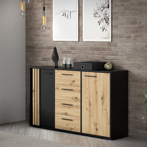 Forte Cardigan Kommode 150, Moderne Kommode, 2-türig mit Lamellendesign, 4 Schubladen, Wohn-/Schlafzimmer, Artisan Eiche Holzdekor|Schwarz, 142,6 cm breit x 82,3 cm hoch x 34,3 cm tief
