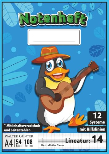 Notenheft mit Hilfslinien Lineatur 14 Größe DIN A4 für Kinder: 12 Notensysteme pro Seite (9 mm Rastralhöhe) | 54 Blatt (108 Seiten) mit ... für Komponisten, Schüler & Musikunterricht