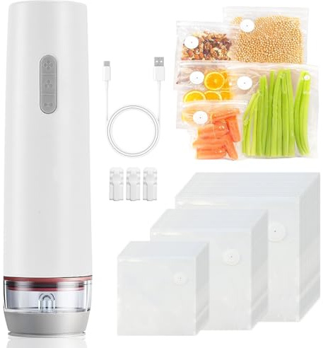 Envasadora al vacío con 30 bolsas reutilizables, sellador automático al vacío para alimentos, máquina de envasado al vacío para alimentos secos y húmedos, soldadora de láminas recargable USB para el