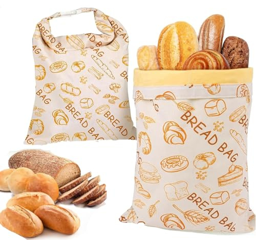 2-pack extra stora bivaxbrödpåsar, återanvändbara brödförvaringspåsar av bomull och linne med naturligt bivaxfoder för surdeg och hantverkslimpor Yellow Bag
