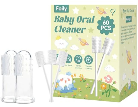 Foily 60-Pack Baby Tongue Cleaner Gauze with 2 Finger Toothbrush– Gentle Newborn Oral Care, Disposable Toddler Tooth Brush for 0-24 Months Tooth Mouth Gum Clean (Square Style)