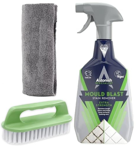 Mould & Mildew Remover Spray 750ml Kit with Scrubbing Brush & Microfiber Cloth – Multi-Surface Anti Mould Cleaner for Walls, Tiles, Bathroom & Grout | Fast Acting Stain Removal & Protection Formula