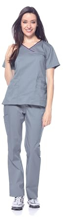 Dagacci Medical Uniform® Scrubs for Women Set – Natural Stretch Contrast Binding Top and Pants Sets for Women – 9 Pockets (Large, Pewter Grey)