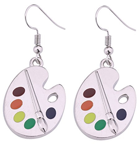 Fashion Design Paint Brush And Colorful Paint Palette Drop Earrings Artist Painter Jewelry, Metal, No Gemstone