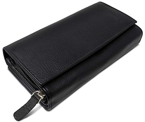 ROYALZ 'Orelia' Vintage Leder Geldbörse für Damen Portemonnaie groß mit vielen Fächern RFID-Blocker Brieftasche Querformat, Farbe:Schwarz