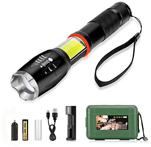 Lampe de Travail COB, Super Brillante Torche Lampe de Poche LED USB Rechargeable et Étanche, 5 Modes D'éclairage, le Zoom Peut être Ajusté, Lampe de Poche Militaire Rotative, 500m de Distance