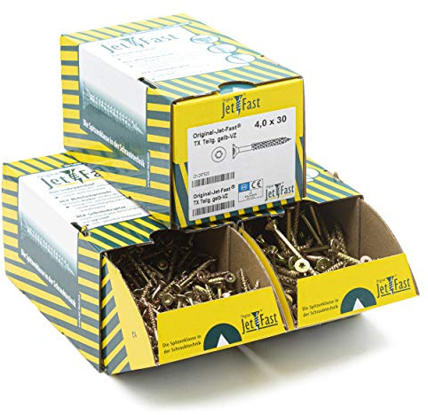 Juego de tornillos universales JetFast 1700 piezas cabeza de nervadura doble con punta autoperforante galvanizados en amarillo con varias tiras cóncavas en el núcleo de la rosca accionamiento Torx.