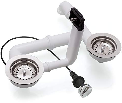 Spülenablauf 3 1/2 für Doppelbecken mit Überlauf rechteckig 2 x Siebkorbventil Ø 114 mm |Ablaufgarnitur EXA35/2-RS-1-4-5 |mit Drehexcenter Auswahl Chrom-Glanz (1)