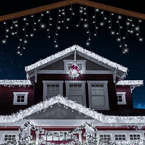 ANSIO® Outdoor Christmas Lights 760 LED 26m/83ft Icicle Lights Outdoor & Indoor Cool White Decorations String Fairy Outside Lights with Timer for Xmas Garden & Party | Mains Powered Green Cable