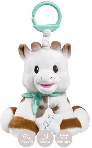 Vulli Sophie la Girafe Musikalisches Hänge-Kuscheltier Spieluhr 20 cm | Mikrokügelchen, unterstützt Sitzen und Stehen | bunte Laschen mit sanfter Einschlafmelodie | Geschenkidee