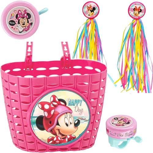 alles-meine.de GmbH 4 TLG. Set: Fahrradklingel + Fahrradkorb + Fahrradfransen - - Minnie Mouse - UNIVERSAL Ding Dong - 2 Klang - Klingel für das Fahrrad/Jungen Mädchen - kleine..