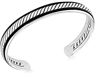 Tuscany Silver Herren-Armspange Kordel-Design und Leder schwarz Sterlingsilber rhodiniert 10mm