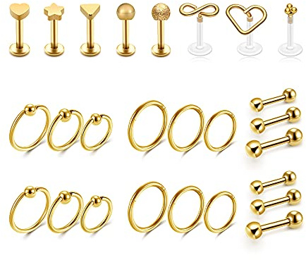 PiercingJak Knorpel Piercing Ohr Gold Chirurgenstahl Labret Lippenpiercing Septum Nasenpiercing Clicker Helix Tragus Barbell Stud Ohrstecker mit Kugel Punk Körper Schmuck 16G 1,2mm Piercingsset