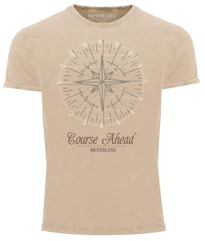 Neverless® Herren T-Shirt Vintage Shirt Printshirt Kompass Windrose Used Look Slim Fit