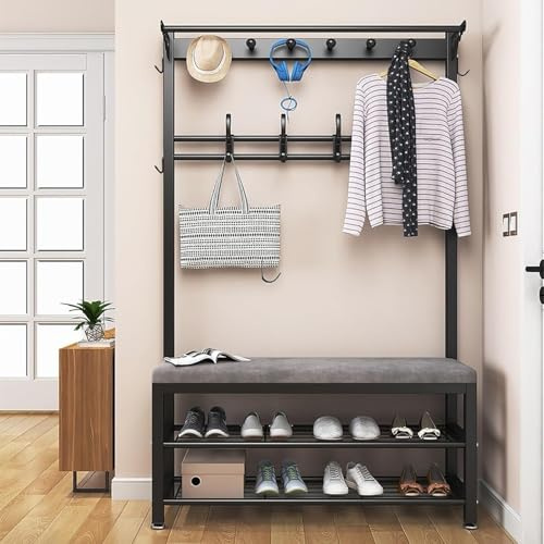 WPPTNSFY Multifunktions Großer Garderobenständer mit Sitzbank, 4 in 1 Kleiderständer mit Kleiderhaken und Schuhregal, Verstärkung mit Vier Querstäben, für Schlafzimmer, Wohnzimmer
