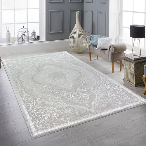 Orient Design hög-låg effekt kontursnitt matta dekorerad silver glänsande, 200 x 290 cm
