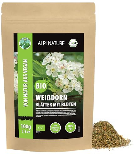 Alpi Nature Aubepine Tisane BIO 100g, Тhé en Vrac, Feuilles et Fleurs d'Aubépine Séchées et Coupées