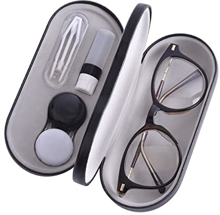 RURUOGUK 2 in 1 Double Sided Glasses Case with Built-in Mirror, Tweezer and Contact Solution Bottle - Portable Contact Lens Storage Box for Travel (Black)
