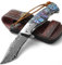 DRACHENADER Damast Taschenmesser Damaststahl Abalone Schale Griff mit echter Lederscheide Damast Messer Klappmesser Einhandmesser Geschenk für Männer, Vollständig CNC gefräst，Blau, groß und schwer
