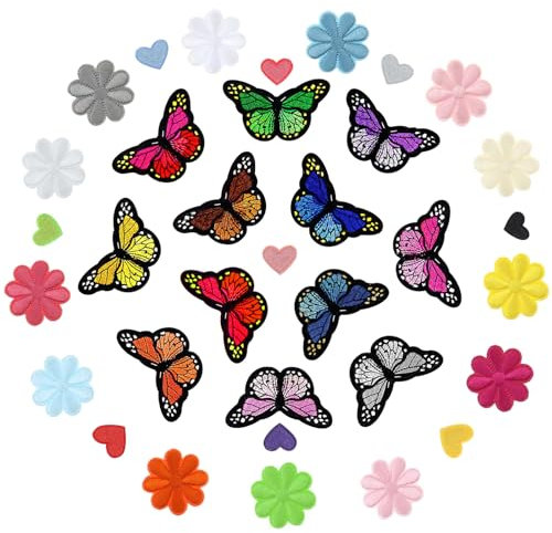 GOTFUN 34 Stück Schmetterling Blumen Herz Bügelflicken zum Aufbügeln Bekleidung Applikation Embroidered Iron on Patches Herz Muster für DIY Kleidung Jacken Hüte Rucksäcke Jeans Reparieren Deko