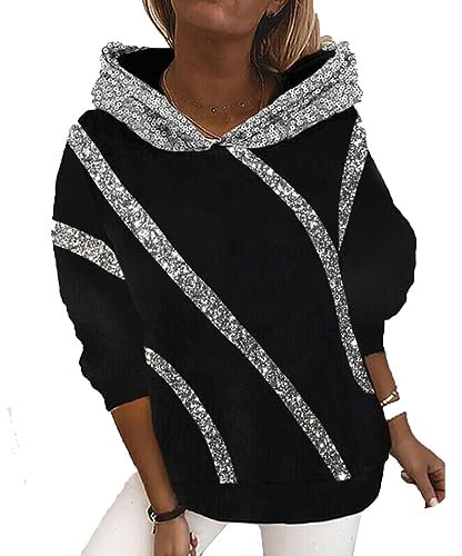 Komiseup Hoodie Damen Pailletten Sweatshirt mit Kapuze Sparkle Shimmer Kapuzepullover Einfarbige Pailletten Patchwork Oberteil Locker Langarmshirt Glitzer Festliche Sportshirt Gutschein Angebote