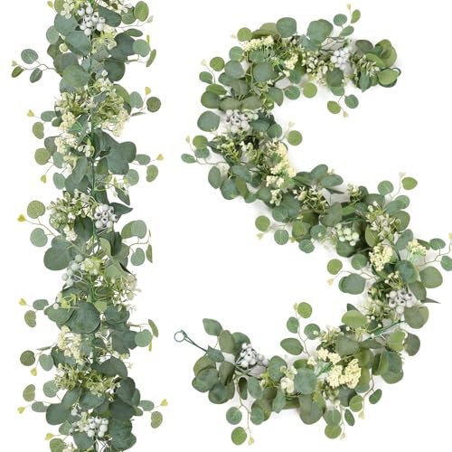 LOMOHOO Künstliche Eukalyptus Girlande 2 Pack Gefälschte Eukalyptus-Blätter Greenery Girlande Sommer Girlande Reben für Hochzeit Party Tisch Schlafzimmer Wand Raumdekoration