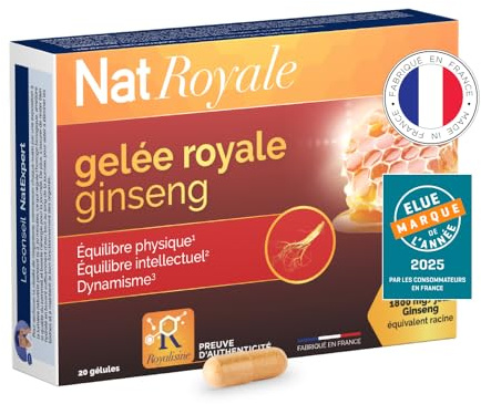 NaturAvignon Gelée Royale Ginseng | complement alimentaire Vitalité, Immunité adulte, defense immunitaire adulte | Gelée Royale gelule 1000mg, Ginseng rouge de corée 1800mg, Vitamines B3+6 | 20gélules