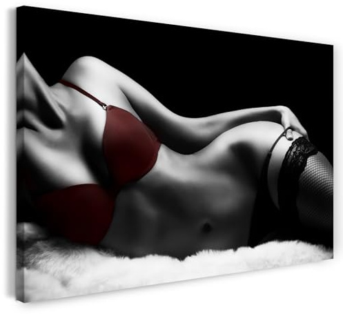 Printistico Impression sur toile (60x40 cm) Femme allongée, lingerie rouge - photographie noir et blanc, cadre en bois véritable avec cintre,