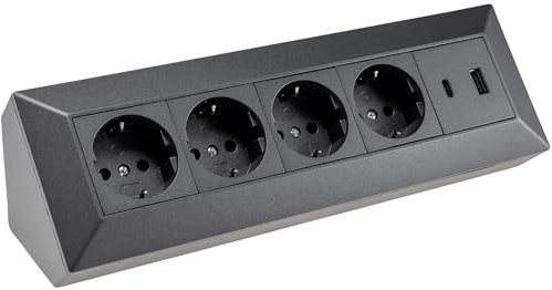 Eck-Mehrfach-Steckdose 4-Fach Schuko USB A+C für Küche, Büro, Werkstatt. Steckdosenleiste für Küchen-Arbeitsplatte, Aufbau-Unterbau-Steckdose - ohne Kabel, Kunststoff (anthrazit)