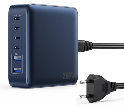 200W Cargador USB C Multiple, 6-Puertos GAN III Enchufe Cargador, 65W PD+QC Carga Rapida Portátil Adaptador con 4 Tipo C y 2 USB-A Cargador Movil para MacBook/ iPhone6/15/ iPad/Samsung/Xiaomi