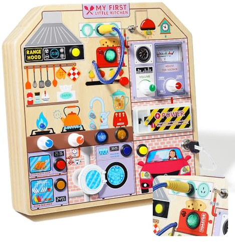 JAUNTY Kitchen Busy Board Toy 3 4 5 Years Montessori Wooden Sensory Toy for 3 5 Kids with Sound Cooking Toy Great Gift for 1