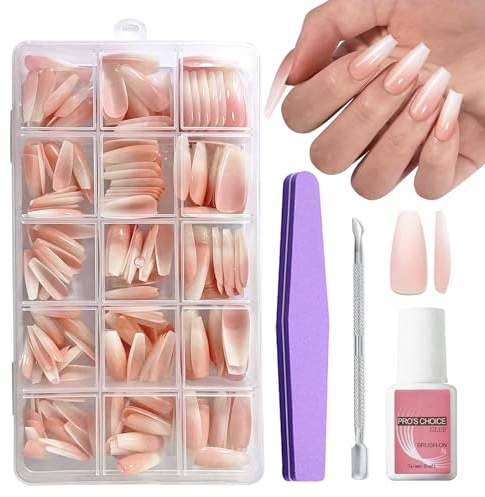 False Nails Kit with Glue - 240Pcs Natural Gradient Pink Fake Nails - Medium Long Square Press On Nails - Glossy Full Cover Stick On Nail For Women Girls Nail Art DIY