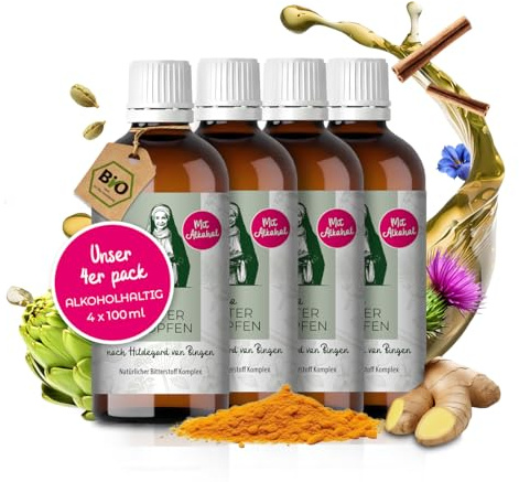 Aura vom Land Bio Premium Bittertropfen nach Hildegard von Bingen 4x100ml Set – Hochdosierte Bitterstoffe Komplex als Tropfen Vegan – 9 Natürliche Bitterkräuter – Bitter Elixier Made in Germany