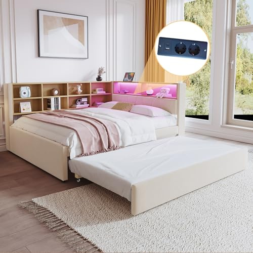 Dolamaní Ausziehbett 140x200 cm/90x190 cm, Tagesbett Ausziehbar mit vielen Ablagefächern, Jugendbett LED Funktionsbett, Polster Flanellstoff Doppelbett (Beige)