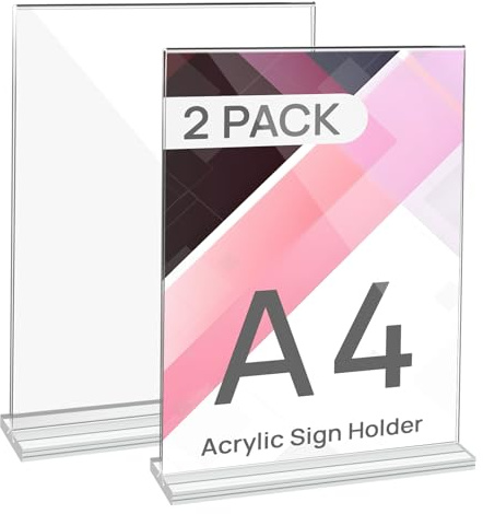 JEFURE Set di 2 Porta-poster in Acrilico A4, Cavalletto da Tavolo in Acrilico, Supporto a T per Documenti, Porta-menu, Presentatore per Ufficio, Negozio, Ristorante