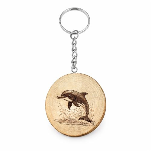 Promotech Porte-clés Dauphin Patineur – Bois Naturel Gravé au Laser, Fait Main, Accessoire Unique pour Clés, Sacs & Sac à Dos