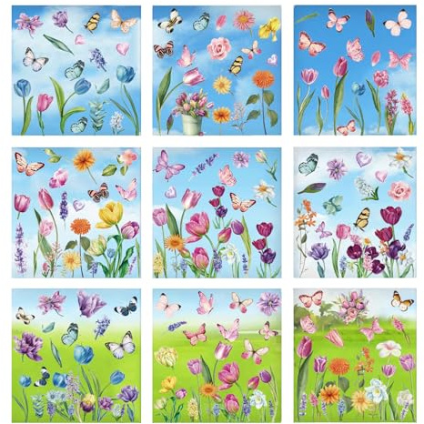 9 Blatt Fensterbilder Selbstklebend Fenster Aufkleber Deko Wiederverwendbar， Blumen Tulpen SchmetterlingBlatt Fensterbilder， fürFrühling Sommr Glas Kinderzimmer Badezimmer。