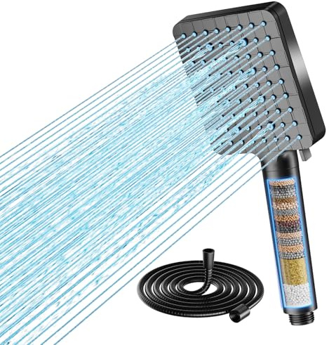 Cobbe Soffione doccia con filtro, doccetta ad alta pressione con filtrazione in 20 strati, tubo da 1,5 m, 6 tipi di getto quadrato, nero